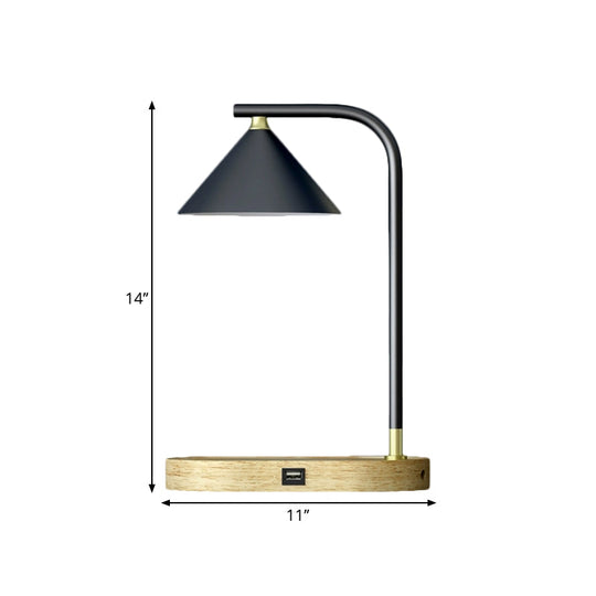 Léopoldine - Beige Simple Oblong Night Lighting Wood 1 Bulb Bedroom Desk Lamp in Beige with Conic Metal Shade