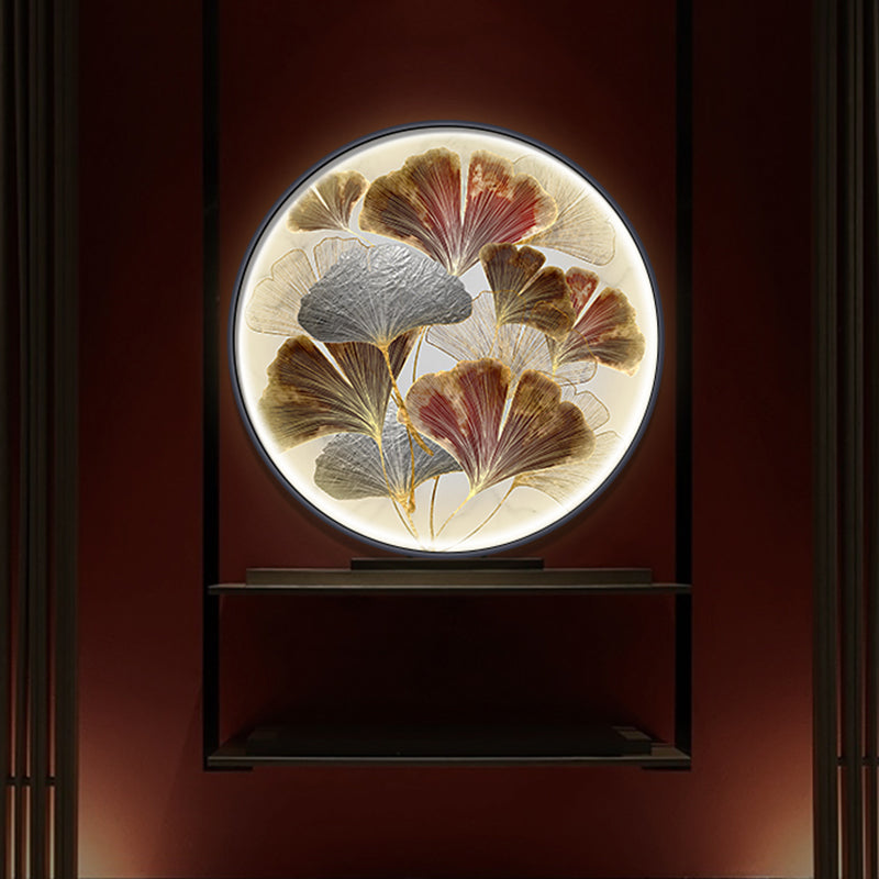 Asia Led Ginkgo Leaf Flush Wall Sconce In Gold With Metallic Shade