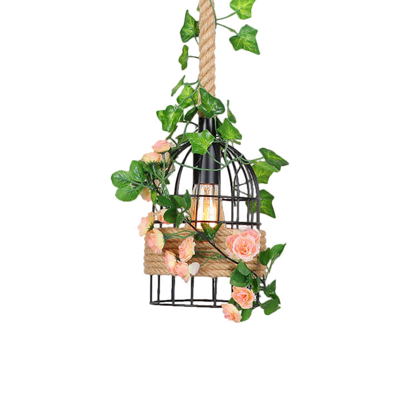 Antiqued Metal Birdcage Pendant With Rose Design And Rope Rod For Dining Room Ceiling Lighting