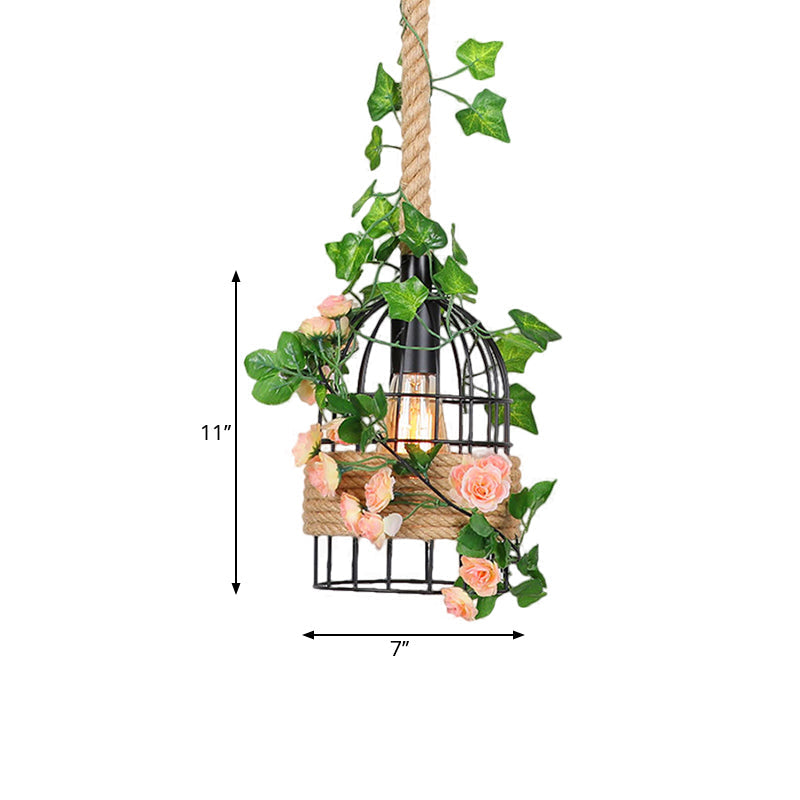 Antiqued Metal Birdcage Pendant With Rose Design And Rope Rod For Dining Room Ceiling Lighting