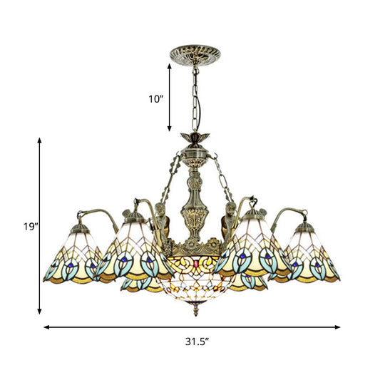 Peacock Pendant Chandelier Lamp - Tiffany Style Stained Glass With 9 Lights