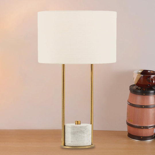 Modern Cylinder Nightstand Lamp - 1 Head Fabric Bedside Light In White/Beige With Marble Base White