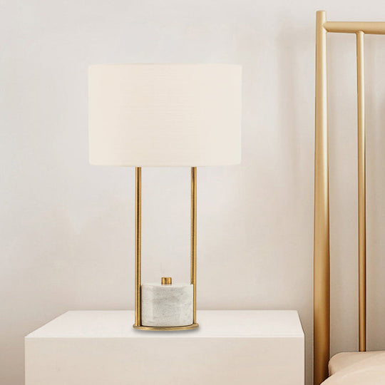 Modern Cylinder Nightstand Lamp - 1 Head Fabric Bedside Light In White/Beige With Marble Base