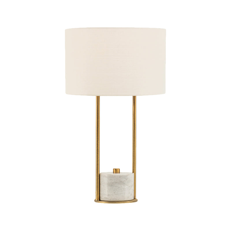 Modern Cylinder Nightstand Lamp - 1 Head Fabric Bedside Light In White/Beige With Marble Base