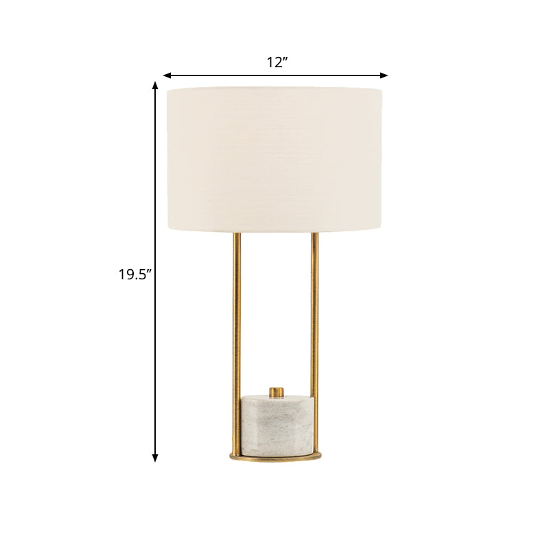 Modern Cylinder Nightstand Lamp - 1 Head Fabric Bedside Light In White/Beige With Marble Base