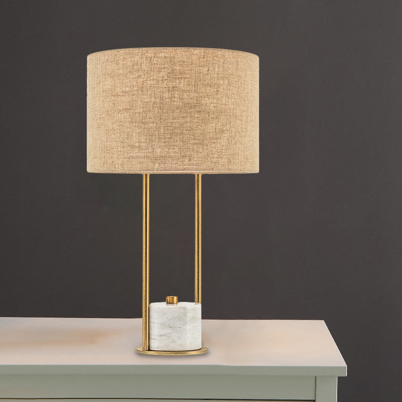 Modern Cylinder Nightstand Lamp - 1 Head Fabric Bedside Light In White/Beige With Marble Base Beige