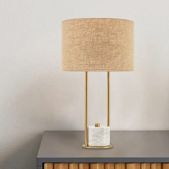 Modern Cylinder Nightstand Lamp - 1 Head Fabric Bedside Light In White/Beige With Marble Base