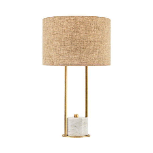 Modern Cylinder Nightstand Lamp - 1 Head Fabric Bedside Light In White/Beige With Marble Base