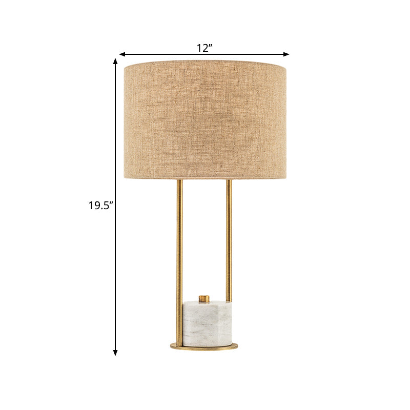 Modern Cylinder Nightstand Lamp - 1 Head Fabric Bedside Light In White/Beige With Marble Base