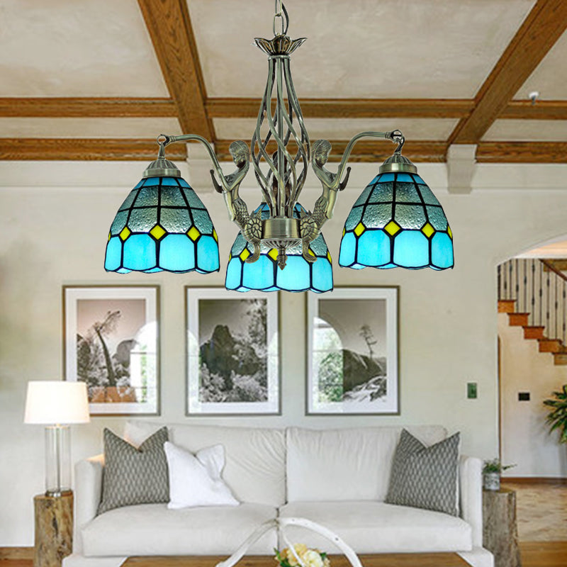 Tiffany Dome Hand-Cut Glass Chandelier With 3 Blue Lights - Stylish Ceiling Lamp