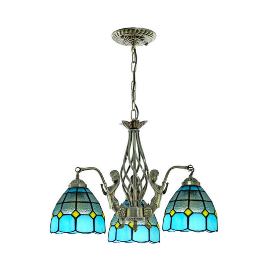 Tiffany Blue Glass Chandelier with 3 Lights - Hand Cut Dome Design for Ceiling Lighting