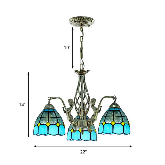 Tiffany Blue Glass Chandelier with 3 Lights - Hand Cut Dome Design for Ceiling Lighting