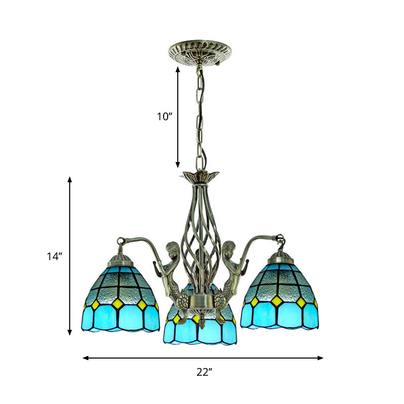 Tiffany Dome Hand-Cut Glass Chandelier With 3 Blue Lights - Stylish Ceiling Lamp