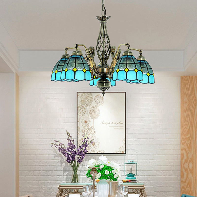 Blue Tiffany-Style Stained Glass Chandelier with 5 Pendant Lights