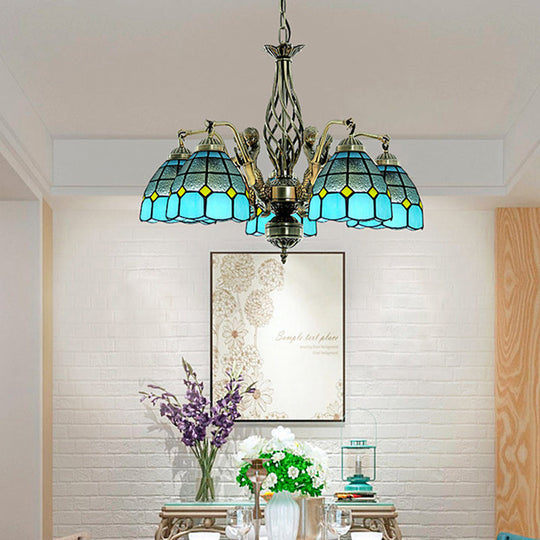 Blue Tiffany-Style Stained Glass Chandelier with 5 Pendant Lights