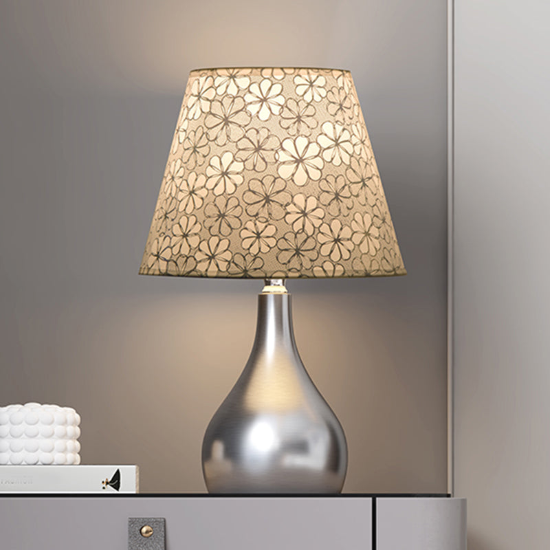 Modern Fabric Conic Table Light - Grey Floral Patterned Night Lamp With Silver Gourd Base