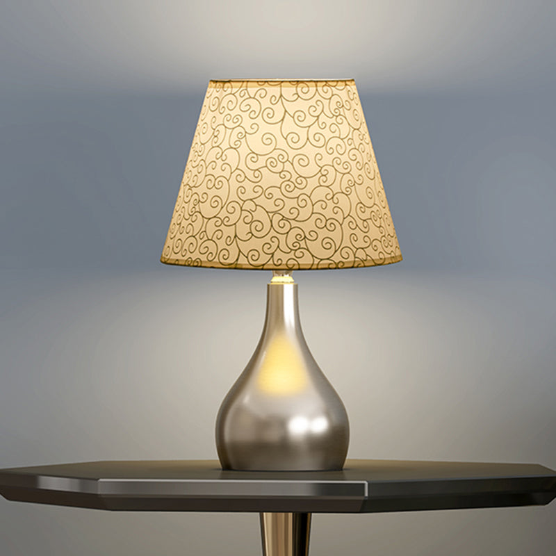 Modern Fabric Conic Table Light - Grey Floral Patterned Night Lamp With Silver Gourd Base