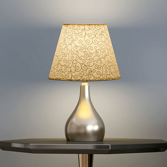 Modern Fabric Conic Table Light - Grey Floral Patterned Night Lamp With Silver Gourd Base