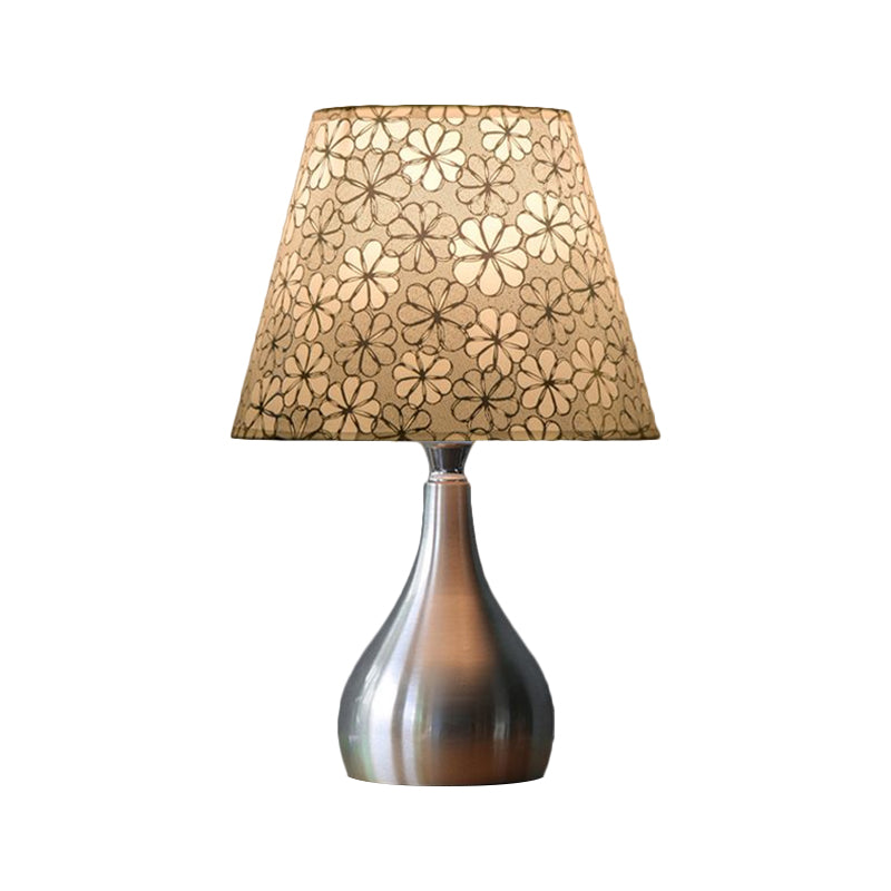 Mathilde - Conic Conic Table Light Modern Fabric 1 Light Grey Floral Patterned Night Lamp with Gourd Silver Metal Base