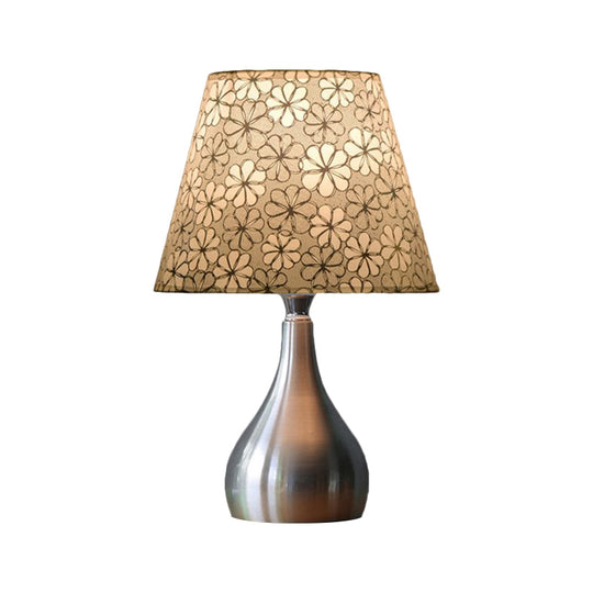 Modern Fabric Conic Table Light - Grey Floral Patterned Night Lamp With Silver Gourd Base