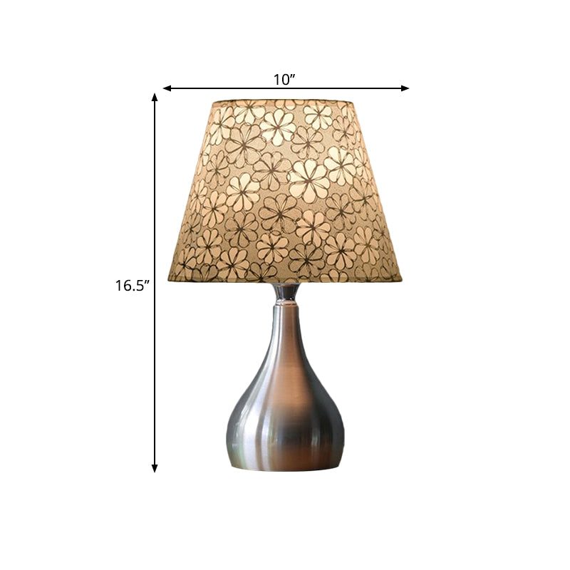 Mathilde - Conic Conic Table Light Modern Fabric 1 Light Grey Floral Patterned Night Lamp with Gourd Silver Metal Base