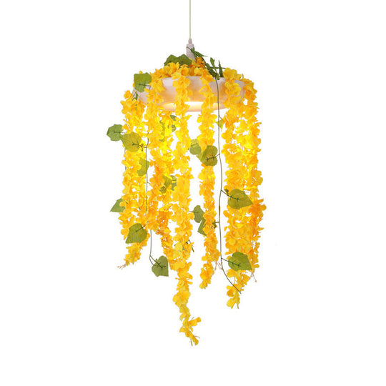 Yellow Industrial Metal Drop Pendant Ceiling Light With Pvc Floral Deco