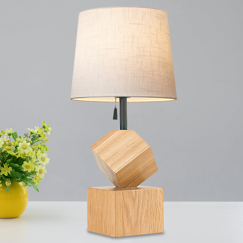 Beige/Brown Barrel Nightstand Lamp With Wood Cubic Base