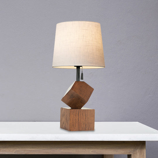 Beige/Brown Barrel Nightstand Lamp With Wood Cubic Base