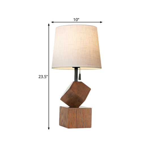 Beige/Brown Barrel Nightstand Lamp With Wood Cubic Base