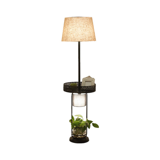 Industrial Flaxen Drum Floor Lamp With Planter Deco -1 Head Living Room Reading Light