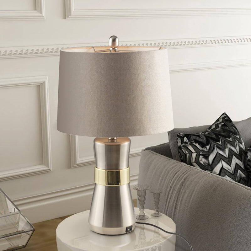 Contemporary Drum Shaped Fabric Table Lamp For Living Room - Nickel Night Light