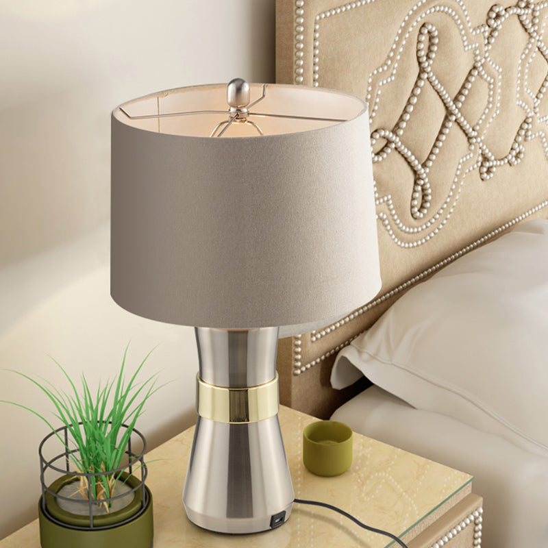 Monica - Contemporary Drum Shaped Table Lamp: Fabric Shade, Nickel Finish