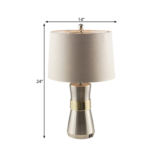 Monica - Lampe de table contemporaine en forme de tambour : abat-jour en tissu, finition nickel