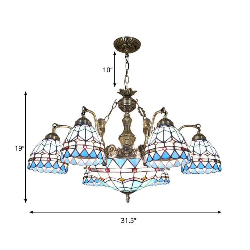 Tiffany Style Domed Chandelier - Mermaid Blue Ceiling Lamp with Cut Glass, 7/9 Lights