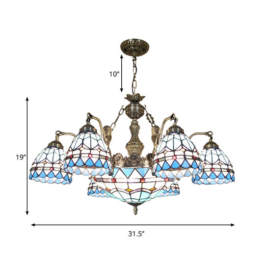 Tiffany Style Domed Chandelier - Mermaid Blue Ceiling Lamp with Cut Glass, 7/9 Lights