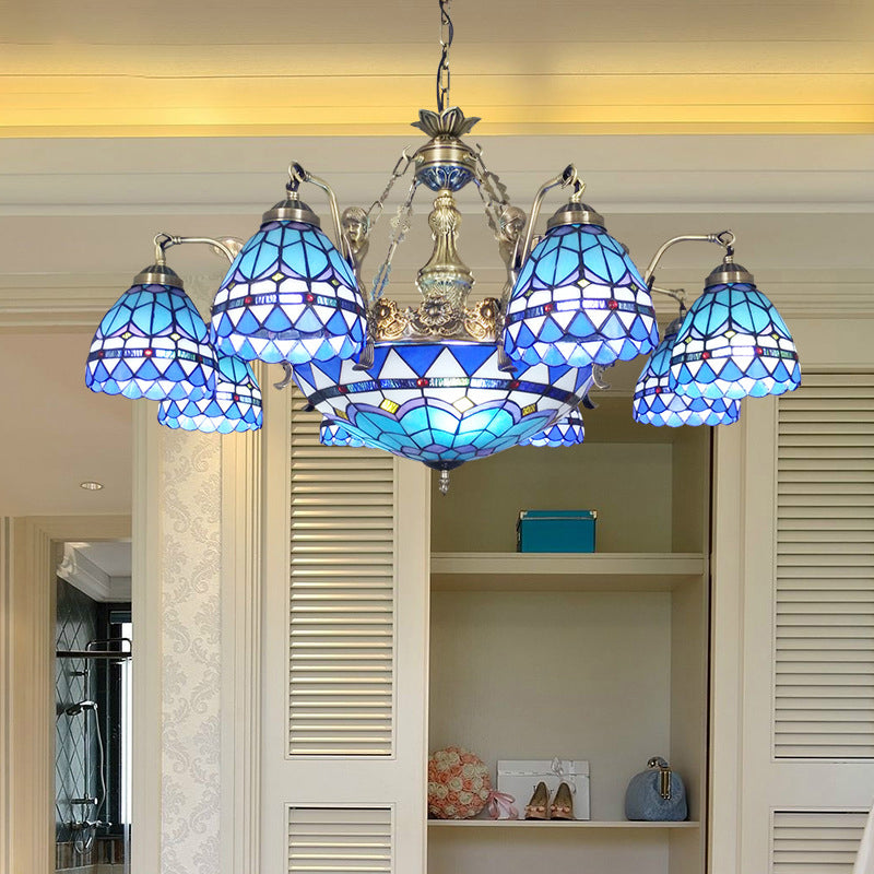 Tiffany Style Domed Chandelier - Mermaid Blue Ceiling Lamp with Cut Glass, 7/9 Lights