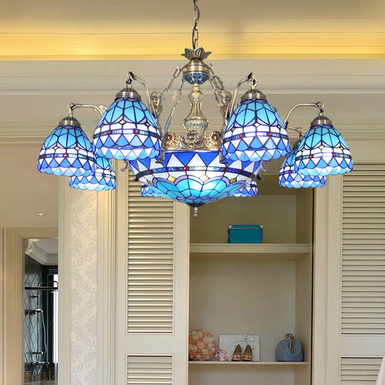 Tiffany Style Domed Chandelier - Mermaid Blue Ceiling Lamp with Cut Glass, 7/9 Lights