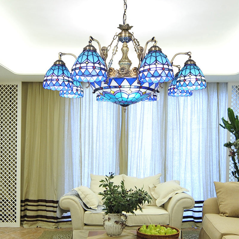 Tiffany Style Domed Chandelier - Mermaid Blue Ceiling Lamp with Cut Glass, 7/9 Lights