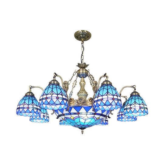 Tiffany Style Domed Chandelier - Mermaid Blue Ceiling Lamp with Cut Glass, 7/9 Lights