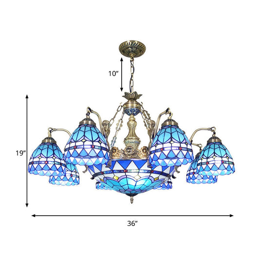 Tiffany Style Domed Chandelier - Mermaid Blue Ceiling Lamp with Cut Glass, 7/9 Lights