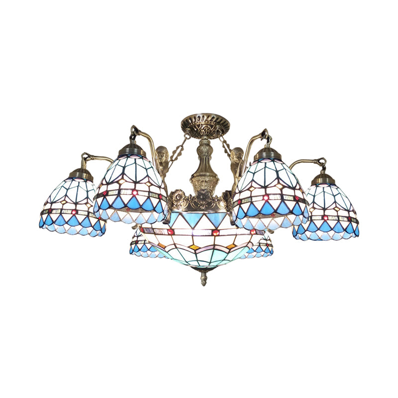 Stained Glass Cone Ceiling Chandelier - Tiffany Pendant Lamp (Blue 7/9 Lights)