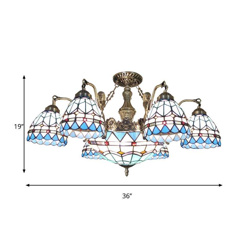 Stained Glass Cone Ceiling Chandelier - Tiffany Pendant Lamp (Blue 7/9 Lights)