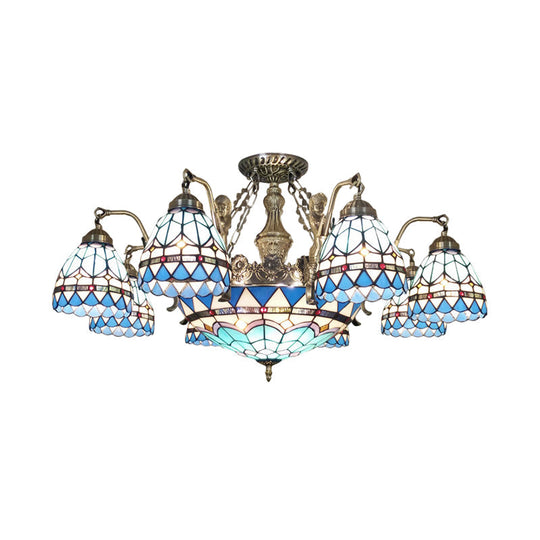 Stained Glass Cone Ceiling Chandelier - Tiffany Pendant Lamp (Blue 7/9 Lights)