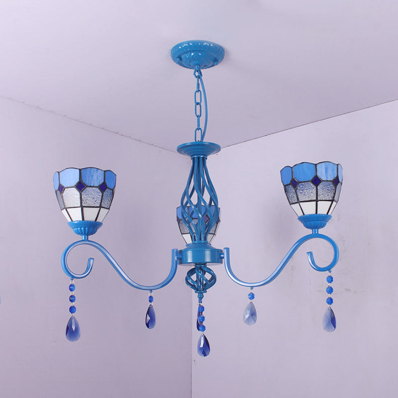 Mediterranean Blue Glass Pendant Lamp with 12" Metal Chain - 3-Light Hanging Light Dome