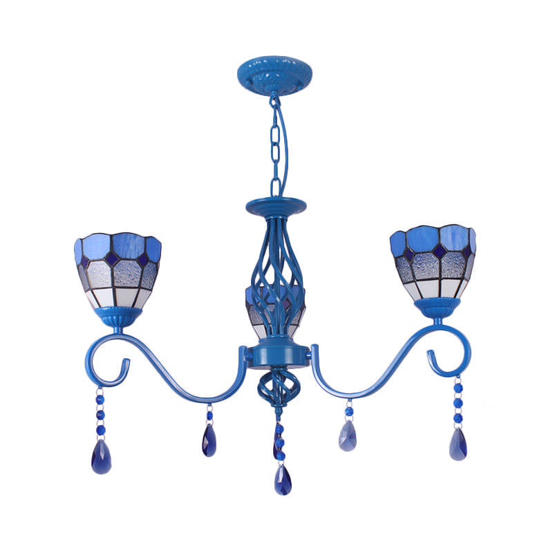 Mediterranean Blue Glass Pendant Lamp with 12" Metal Chain - 3-Light Hanging Light Dome