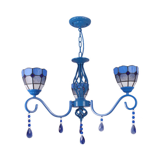 Mediterranean Dome Pendant Light With Blue Glass And Metal Chain - 3 Lights