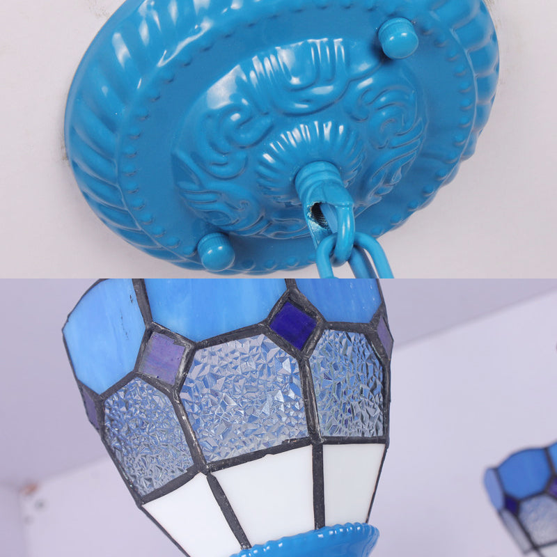 Mediterranean Dome Pendant Light With Blue Glass And Metal Chain - 3 Lights