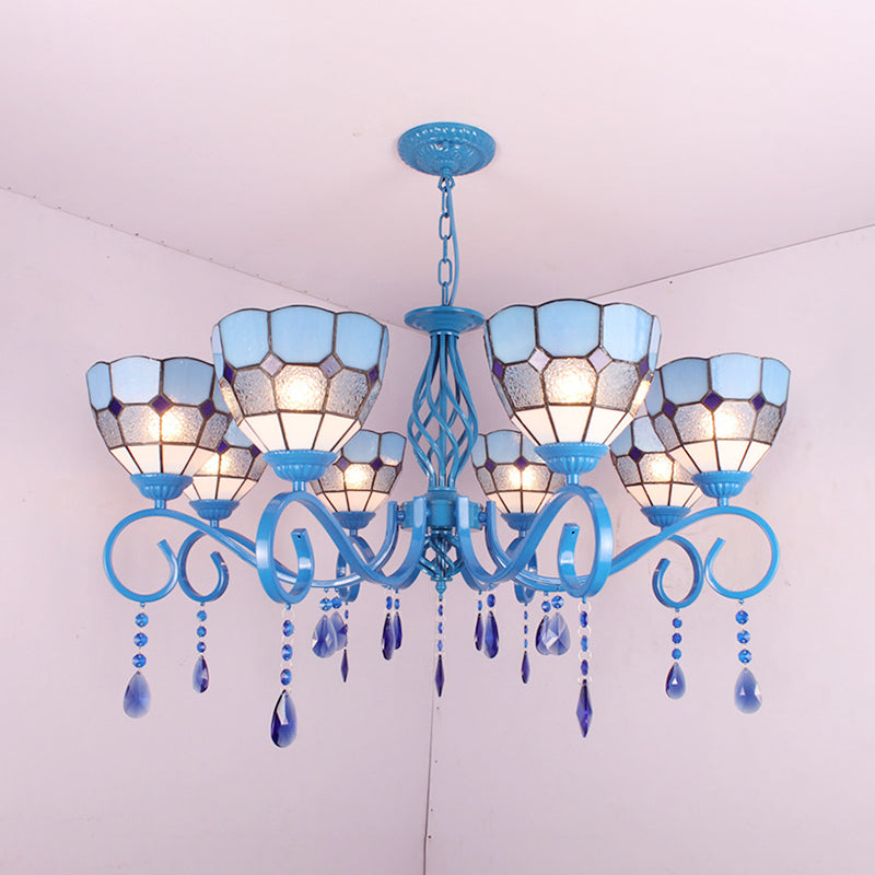 6/8-Light Blue Pendant Nautical Chandelier - Stained Glass Indoor Lighting with 12" Chain