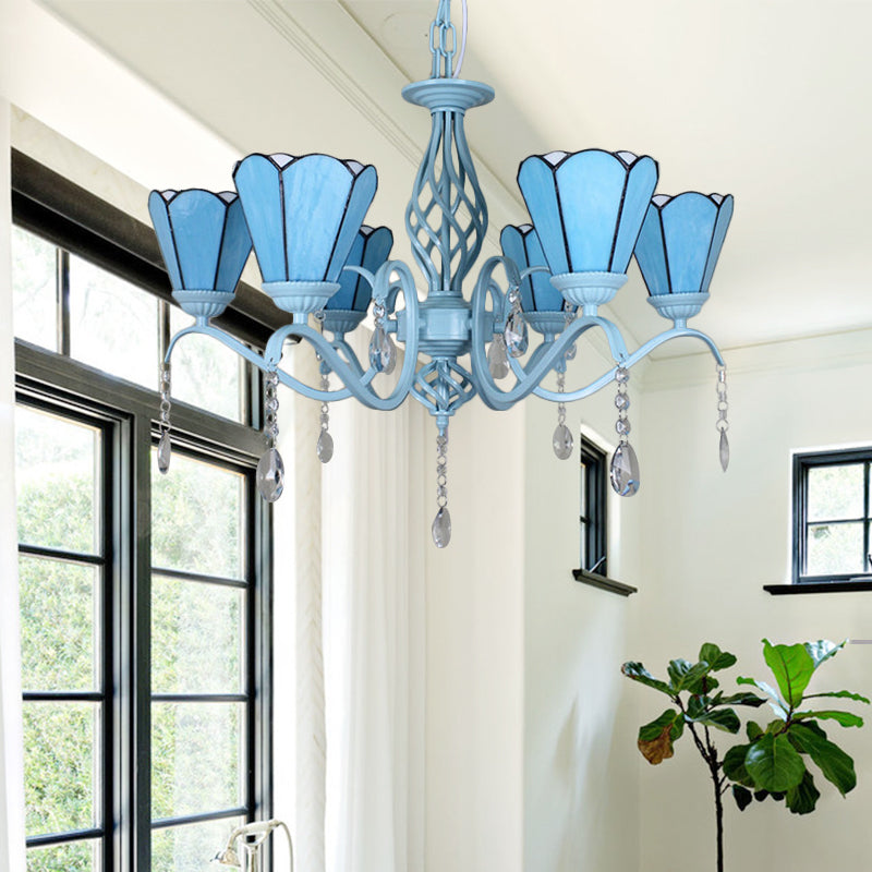 Tiffany Style Cone Pendant Light With Adjustable Chain In White/Blue/Clear Stained Glass - Perfect