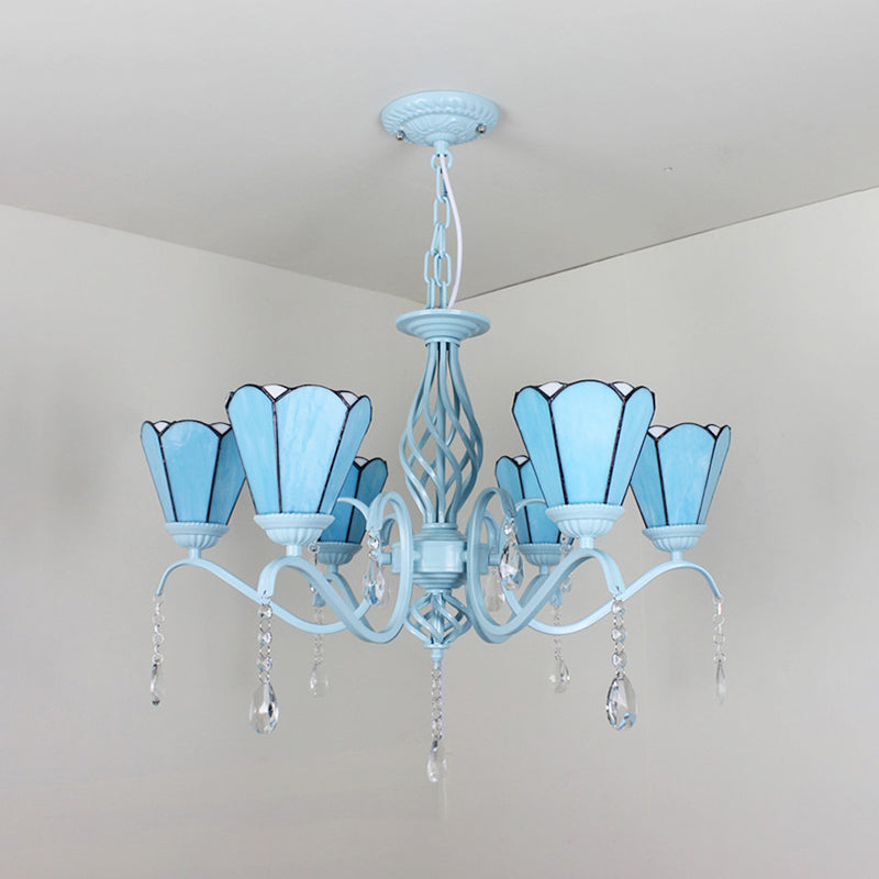 Tiffany Style Stained Glass Cone Pendant Chandelier - Adjustable Chain, White/Blue/Clear - Perfect for Living Room